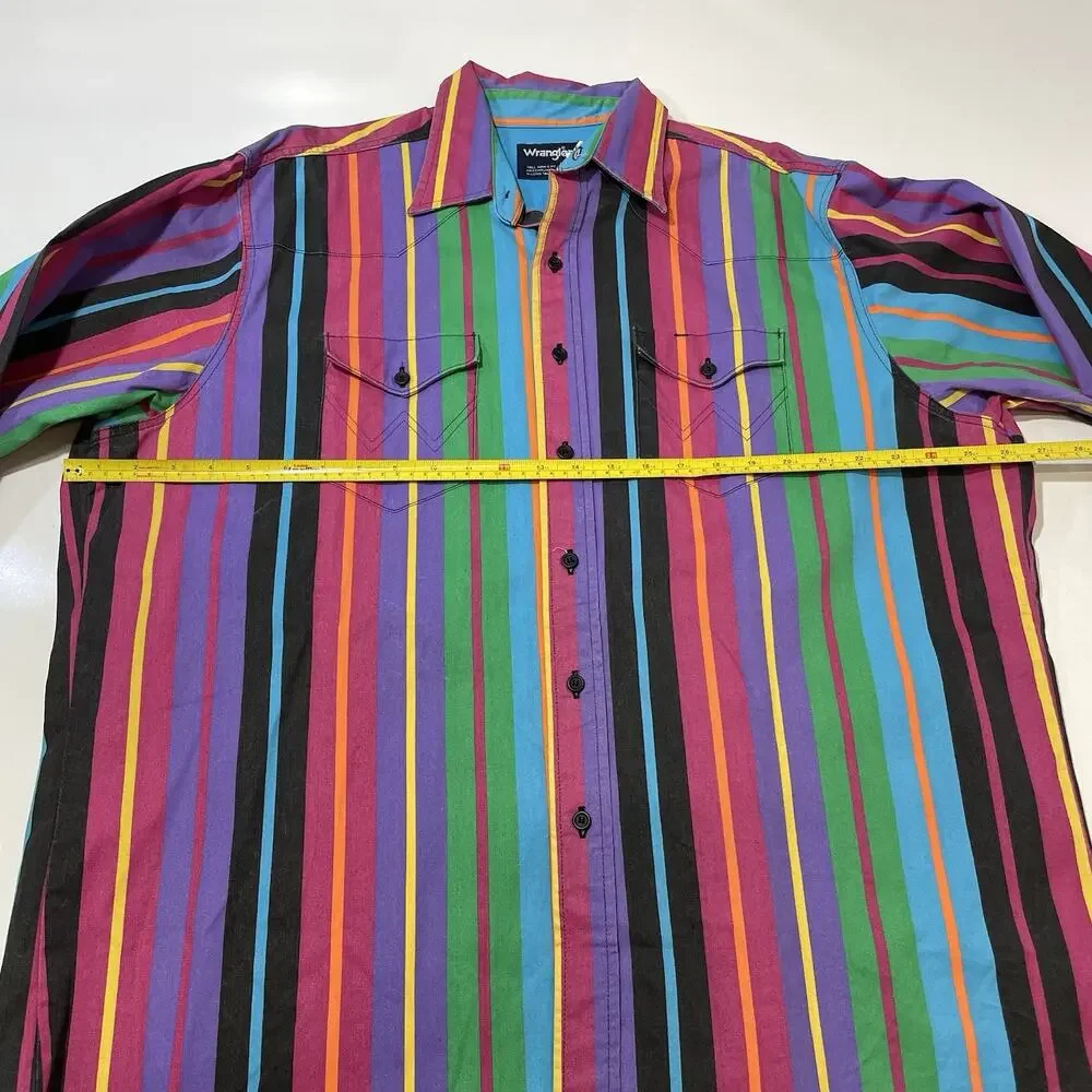 VTG 90s Wrangler Western Button Shirt 18 36 X-Long Tails Brushpopper Striped - Picture 5 of 7